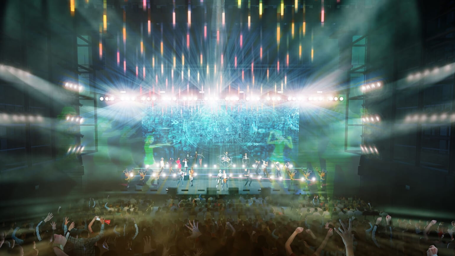 MoN高輪「Box1000」シアターで開催されたライブパフォーマンスの様子。LED演出と光に包まれたステージと観客の一体感が描かれる。