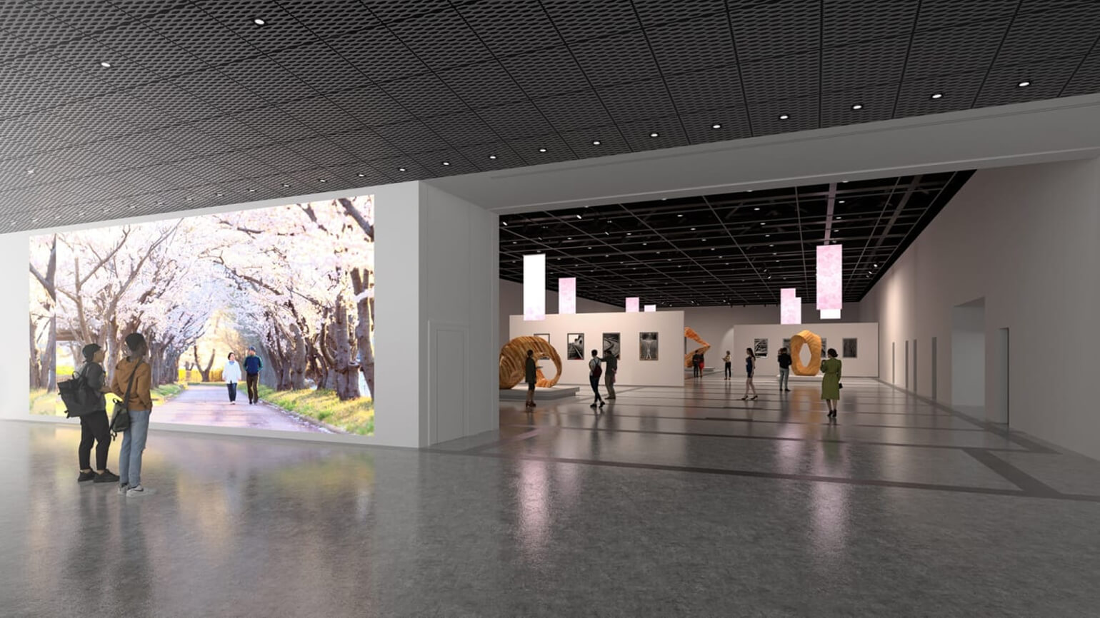 MoN高輪「Box1500」展示空間。約1500㎡のホールで来館者が展覧会を鑑賞している様子。