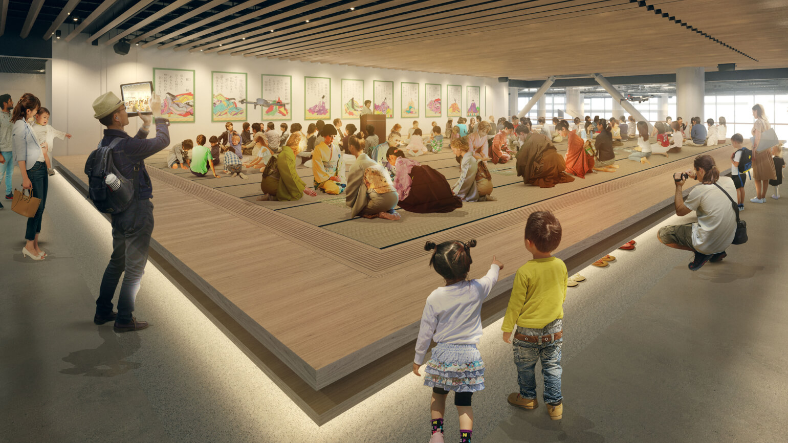 MoN高輪「Tatami」エリアで開催された文化体験イベント。約100畳の畳空間で来場者がくつろぎながら和の伝統を楽しむ様子。