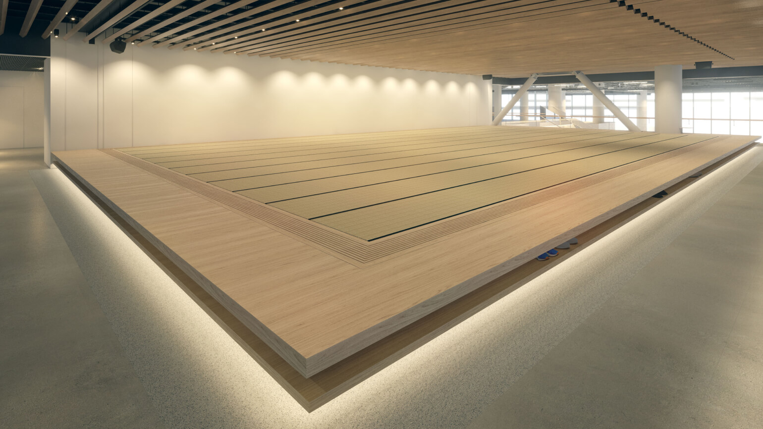 MoN高輪「Tatami」エリアの無人空間。約100畳の広さを持つ畳敷きのスペースで、くつろぎと体験が融合する場。
